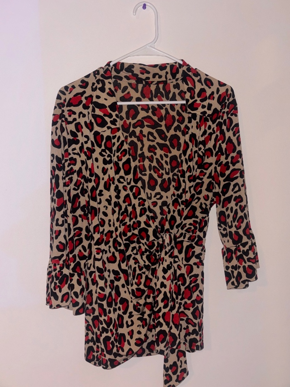 Leopard Print Button Up Blouse Red Tan Black Statement Top